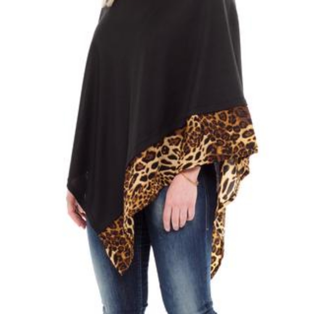 Brown Black Leopard Print Trimmed Poncho Sweater Fashion Statement Accessories - Picture 2 of 3